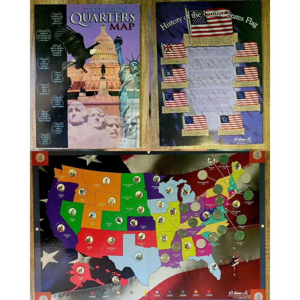 H.E. Harris & Co. State Series Quarters Collectors Map + Partial Set (14 of 50)